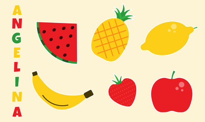 Cute fruit in cartoon style. Children puzzle with text name. Apple, banana, lemon, watermelon. Vector illustration concept