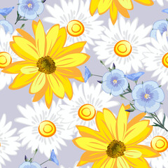 Flower pattern, flowers of sunflower,  chamomile, flax, flowers and blossoms linen close up on gray background in a random arrangement square format, seamless texture, EPS 10, vector