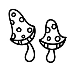 Vector doodle poisonous fly agaric mushrooms. Cartoon autumn forest line elements isolated on a white background.