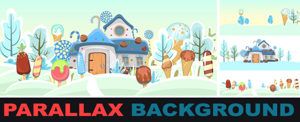 Winter landscape with ice cream. Set parallax effect. Frosty sky. Summer food sweet dessert. Gnomes house with sweets and snowdrifts. Flat design. Illustration Vector
