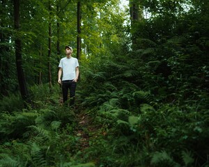 Male hiker in a dense green forest