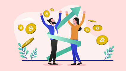 Bitcoin winners - Man and woman couple making money on crypto currency, with green arrow pointing up. Flat design vector illustration