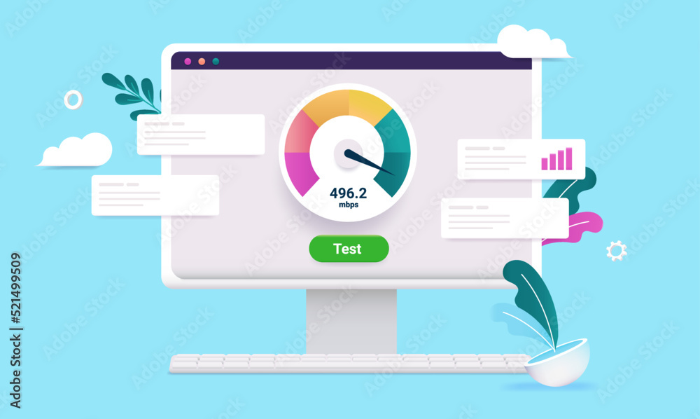 Poster Internet speed test - Computer screen with web service testing upload and download speed, vector illustration
