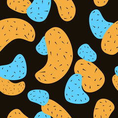 Vector seamless pattern with abstract colorful textured shapes on a black background.