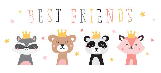 cute animals heads with crowns, best friends animal cartoon, vector set illustration
