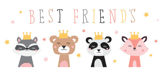 cute animals heads with crowns, best friends animal cartoon, vector set illustration  © danijelala