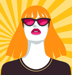Fototapeta na wymiar Beautiful woman with orange hair wearing pink sunglasses