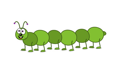 Smiling green caterpillar with shadow under paws on white background