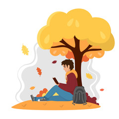 Young man with backpack reading book under the tree in autumn park. Autumn season leisure time concept. Isolated on white background. Vector flat illustration