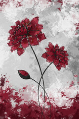 abstract flowers acrylic painting modern art hand drawing red and grey