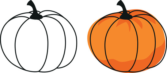 Pumpkin contour drawing, Halloween pumpkin in color and black outline, pumpkin silhouette on a white background