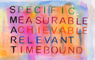 Watercolor on paper with the SMART criteria: Specific, Measurable, Achievable, Relevant, Timebound. These criteria should guide the setting of goals and objectives for better results