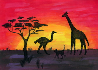Fototapeta na wymiar Watercolor on paper: an impression of a sunset on an African savanna. Silhouettes of several animals against a red sky and golden sun