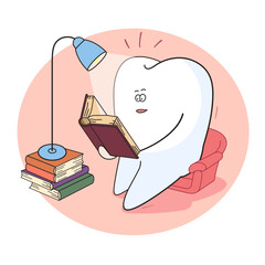 Wisdom tooth is reading a book. Dentistry illustration in cartoon style.