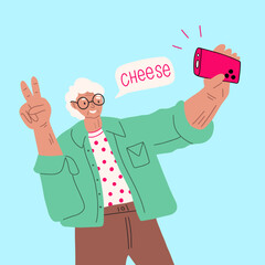 Modern old lady using internet, mobile phones. Grandma taking selfies with smartphone. Elderly generation online. Flat graphic vector illustration. Old-Age, Retirement and People Concept.
