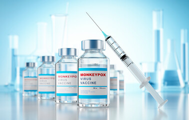 Monkeypox vaccination concept with syringe and bottles of vial with copy space  - 3D illustration