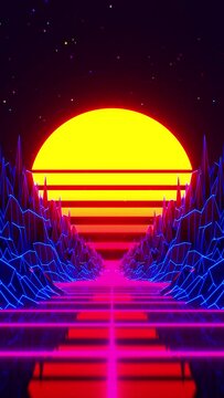 3D animation of night road surrounded by colorful fluorescent lights with retro sunset