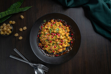 kabuli Chana Chaat served in a dish isolated on dark background top view of fastfood