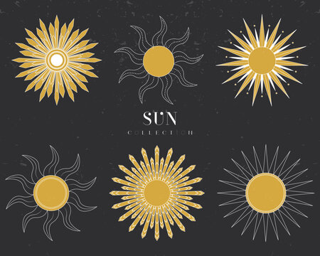 Vintage sun (sunburst) collection. Art deco modern sun rays.  Logotype or lettering design element. Radial sunset beams. Abstract design elements for decoration in a minimalist style for social media.