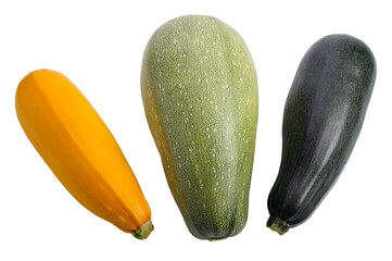 Three zucchini of different colors, isolated