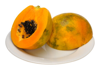 Yellow papaya cut fruit isolated on white background