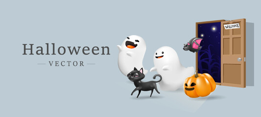 halloween 3d cute cartoon character banner invitation card vector illustration