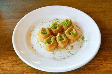 Pistachio baklava. Traditional Middle Eastern Flavors. Traditional Turkish baklava. Local name fistikli baklava