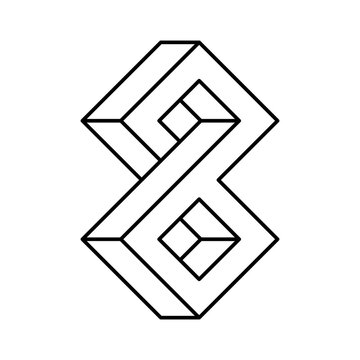 Impossible shape line icon. 3D Number 8. Infinite symbol. Abstract geometric shape. Esher endless sign. Optical illusion penrose. Eternal rectangle loop. Vector illustration, outline, flat, clip art 