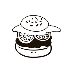 Single hand drawn hamburger. Doodle vector illustration. Isolated on white background.