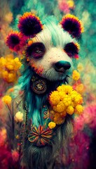 A fantasy Japanese panda in the midst of colorful flowers in a magical enchanted place. Artistic abstract beautiful animal. Perfect for phone wallpaper or for posters.