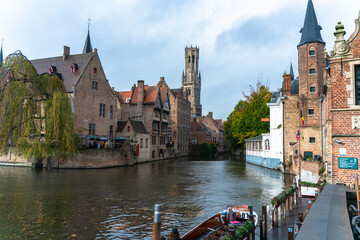 Cityscape in Brugge, beautiful view from the canal