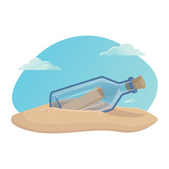 Message in a glass bottle on the sand - vector illustration