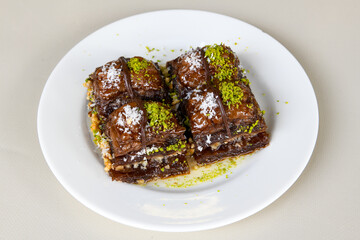 Pistachio baklava. Traditional Middle Eastern Flavors. Traditional Turkish baklava. Local name fistikli baklava