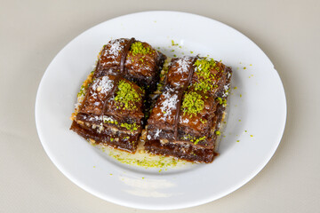 Pistachio baklava. Traditional Middle Eastern Flavors. Traditional Turkish baklava. Local name fistikli baklava
