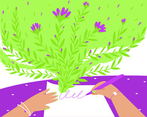 Creative person writes text on paper with inspiration. The concept of creating a new work on paper. The writer writes at the table. Process of creation. flat vector illustration - obrazy, fototapety, plakaty
