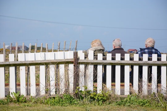 Three Elderly People In Warm Clothes Sitting Behind A White Wooden Fence In The Daytime, Rear View