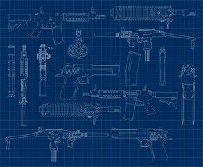 a variety of weapons in a stylized drawing style
