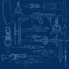 a variety of weapons in a stylized drawing style