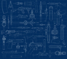 a variety of weapons in a stylized drawing style