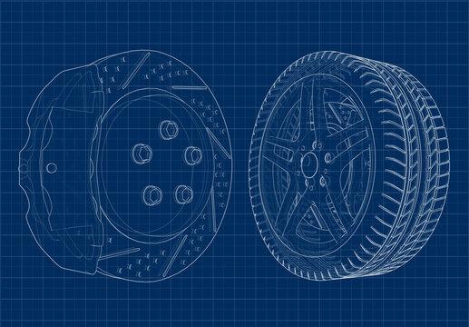 the car wheel and brake disk are depicted in drawing style