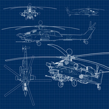 military helicopter stylized as a blueprint