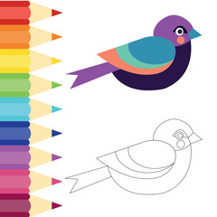 Coloring bird, colored pencils lying in a row. A set of pencils for illustrations, drawing, studying. web banner, sale of posters, postcards, stickers, decor, school decor, EPS 10.
