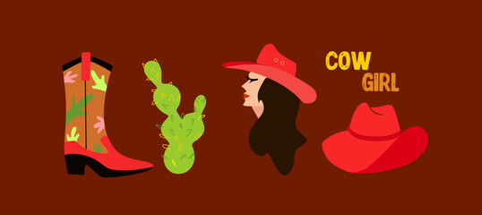 A set of drawings on the theme of the wild west. A cowboy girl, three types of cacti, a bull skull, a snake, cowboy boots and a hat. Retro illustration - set of elements. Cowboy mood.
