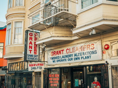 Grant Cleaners vintage signs, in North Beach, San Francisco, California