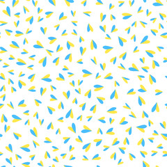 Vector seamless pattern with heart in Ukrainian flag colors on white background. Repeating background with Ukraine national colors. Concept of support Ukraine