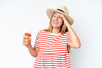 Young caucasian woman holding a cornet ice cream isolated on white background smiling a lot
