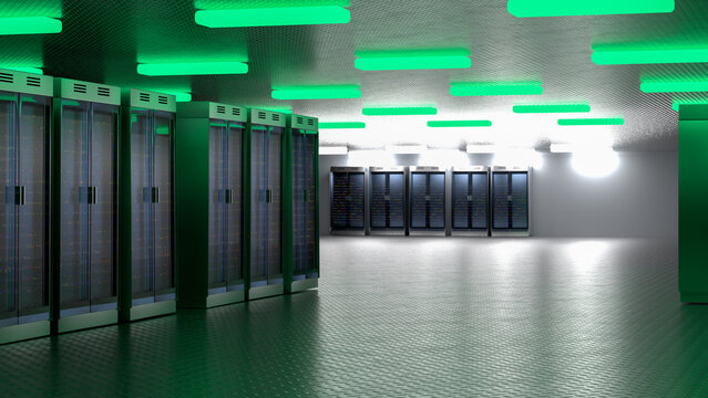Server. Servers room data center. Backup, mining, hosting, mainframe, farm and computer rack with storage information. 3d rendering