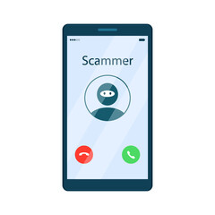 Phone scamming and cheating, phishing. Incoming call from fraud caller on mobile phone screen. Vector illustration in flat cartoon style.