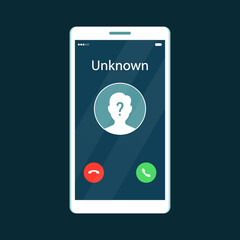 Unknown caller. Mobile phone screen with incoming calling. Answer or decline call buttons. Isolated vector illustration in flat cartoon style.