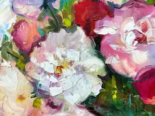 Original oil painting. Abstract Flowers. Pink and white peonies. Textured painting. Impressionism 